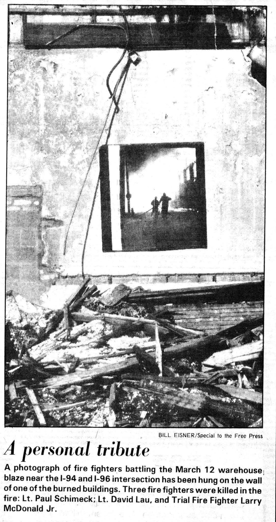 Newspaper clipping Personal Tribute where firefighterswere killed